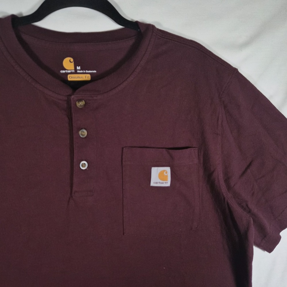 Carhartt K84 Mens Medium Burgundy Henley Pocket T Shirt Original Fit Workwear